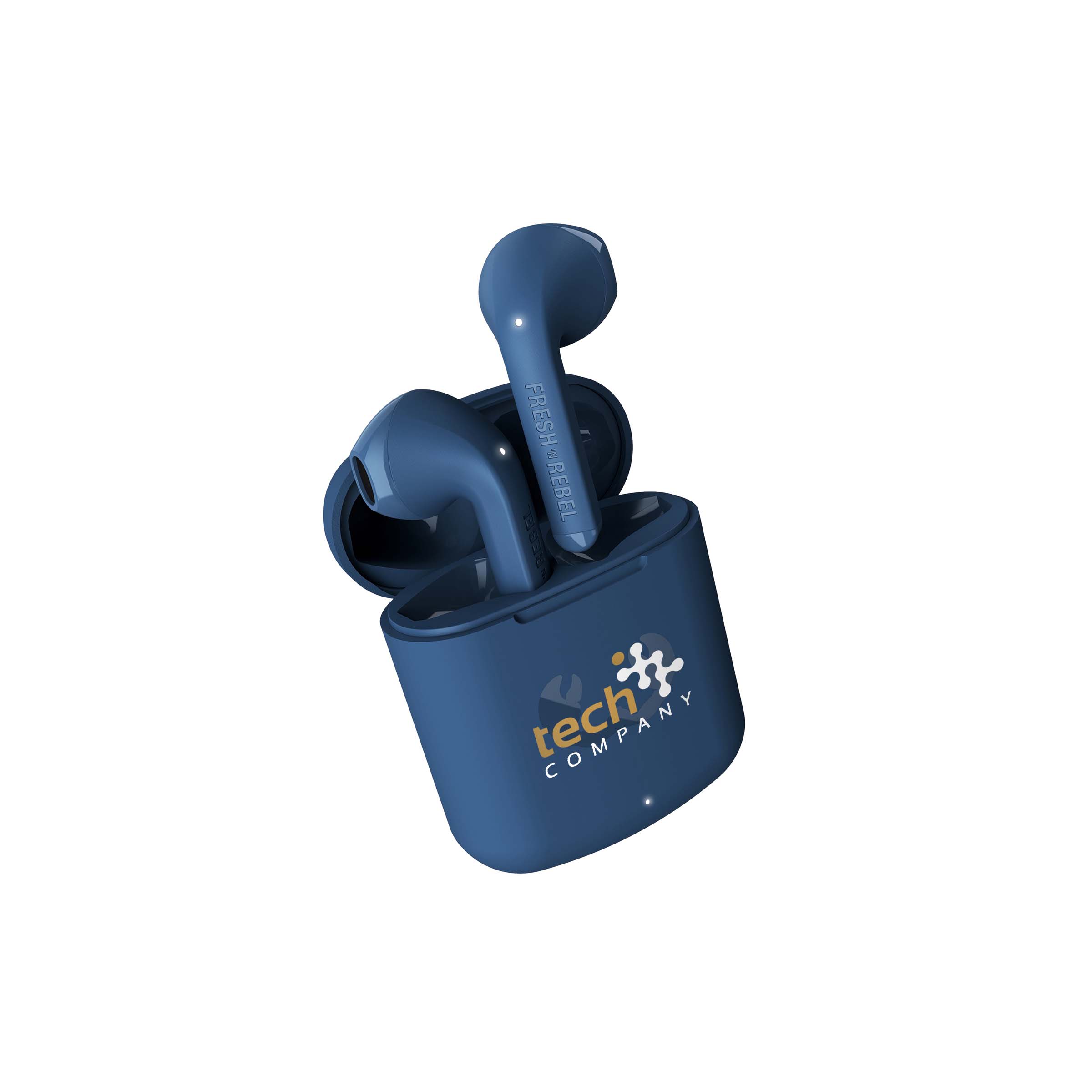 Fresh 'n Rebel Twins Core Steel Blue

Dual Master (left and right earbud can be used individually)
Touch control
Voice assistant
Battery life of 30 hours
Personalisation with a print in full colour and a sleeve